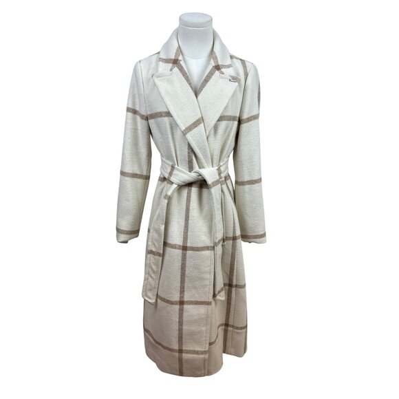 DKNY Women's Beige Double-Breasted Coat With Brown Grid Pattern Sz PS - Picture 1 of 12